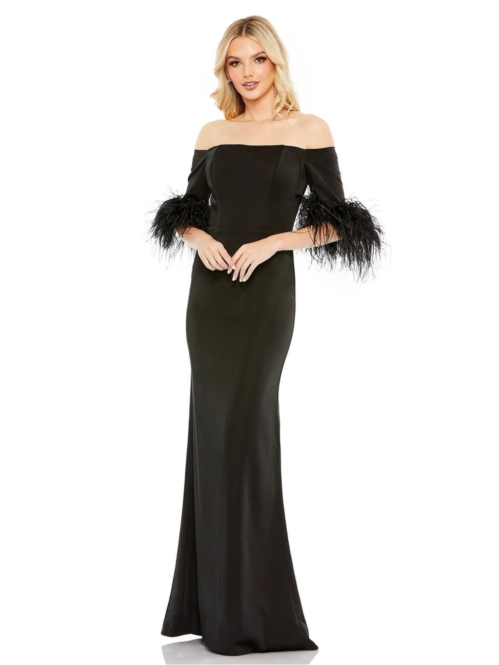 Mac Duggal Black Maxi Dress with Feathered Sleeve Detail